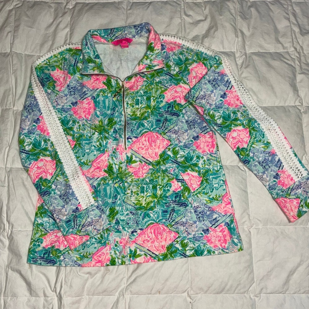 Lilly Pulitzer Skipper Popover Half Zip Sweatshirt Elephant Print Lace Trim M